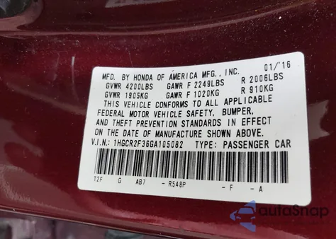 2016 Honda Accord Lx from USA, damaged, VIN 1HGCR2F36GA105082